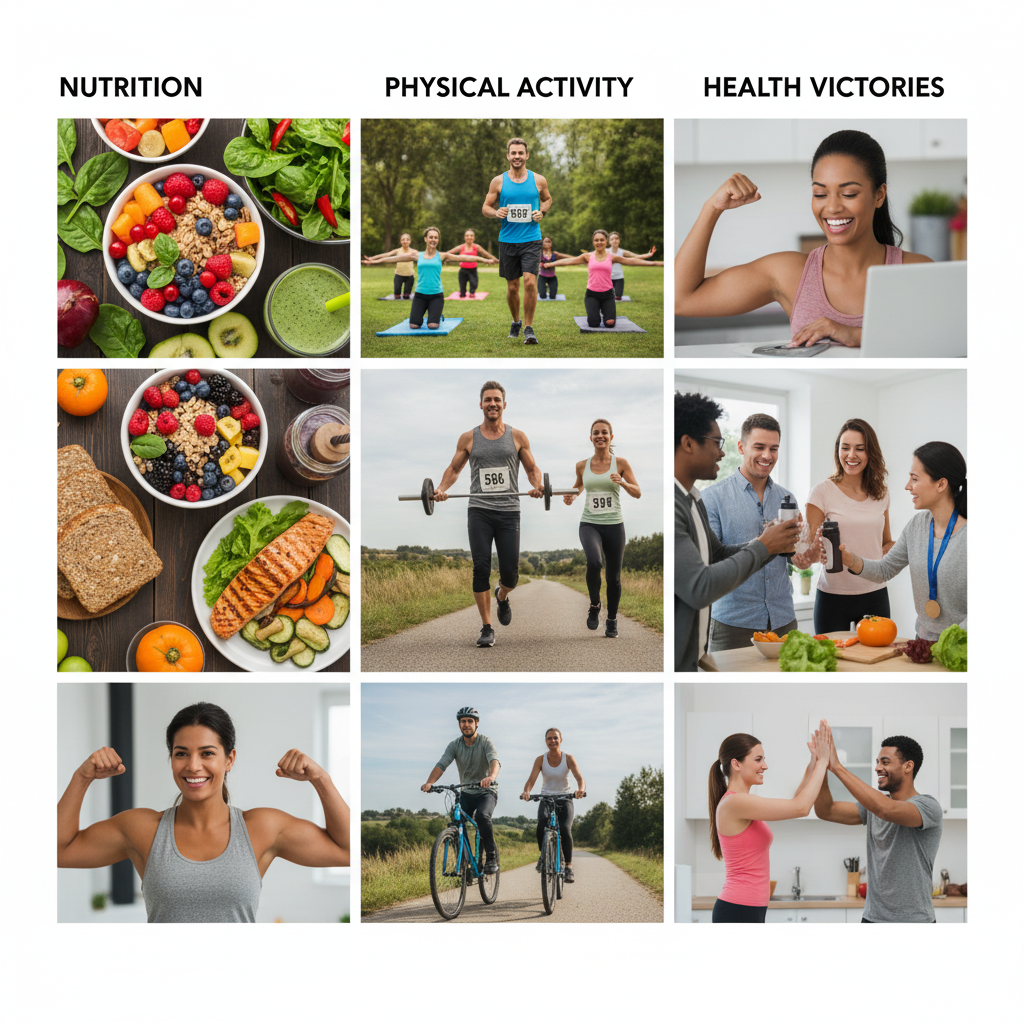 Collage of healthy food options, exercise activities, and people celebrating small health victories
